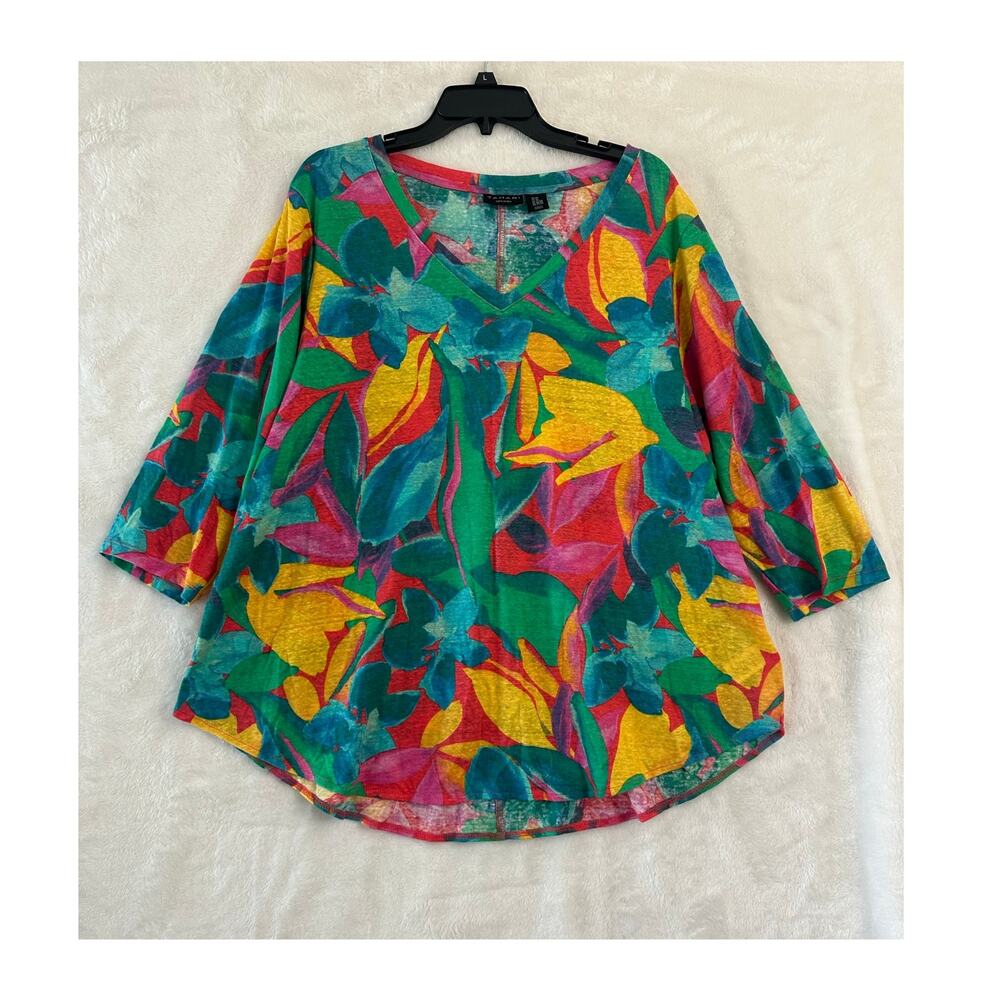 Tahari 100% Linen Tropical Top 2X Abstract Summer Lightweight